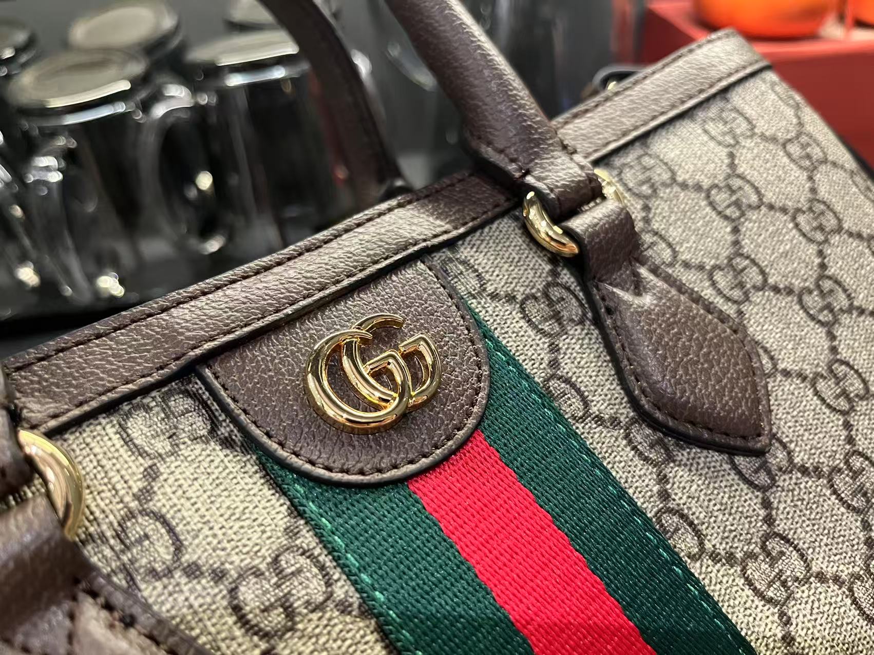 gucci-ophidia-tote-bag-medium-size-gg-monogram-coated-fabric-beige-and-dark-brown thumbnail 7
