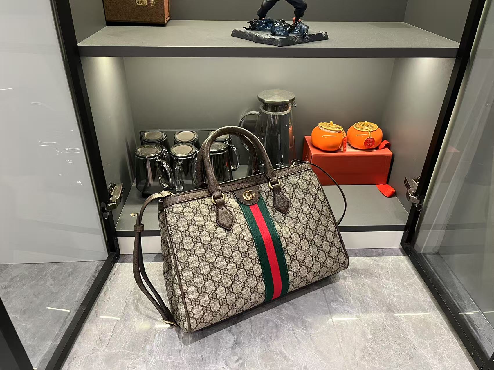 gucci-ophidia-tote-bag-medium-size-gg-monogram-coated-fabric-beige-and-dark-brown thumbnail 5