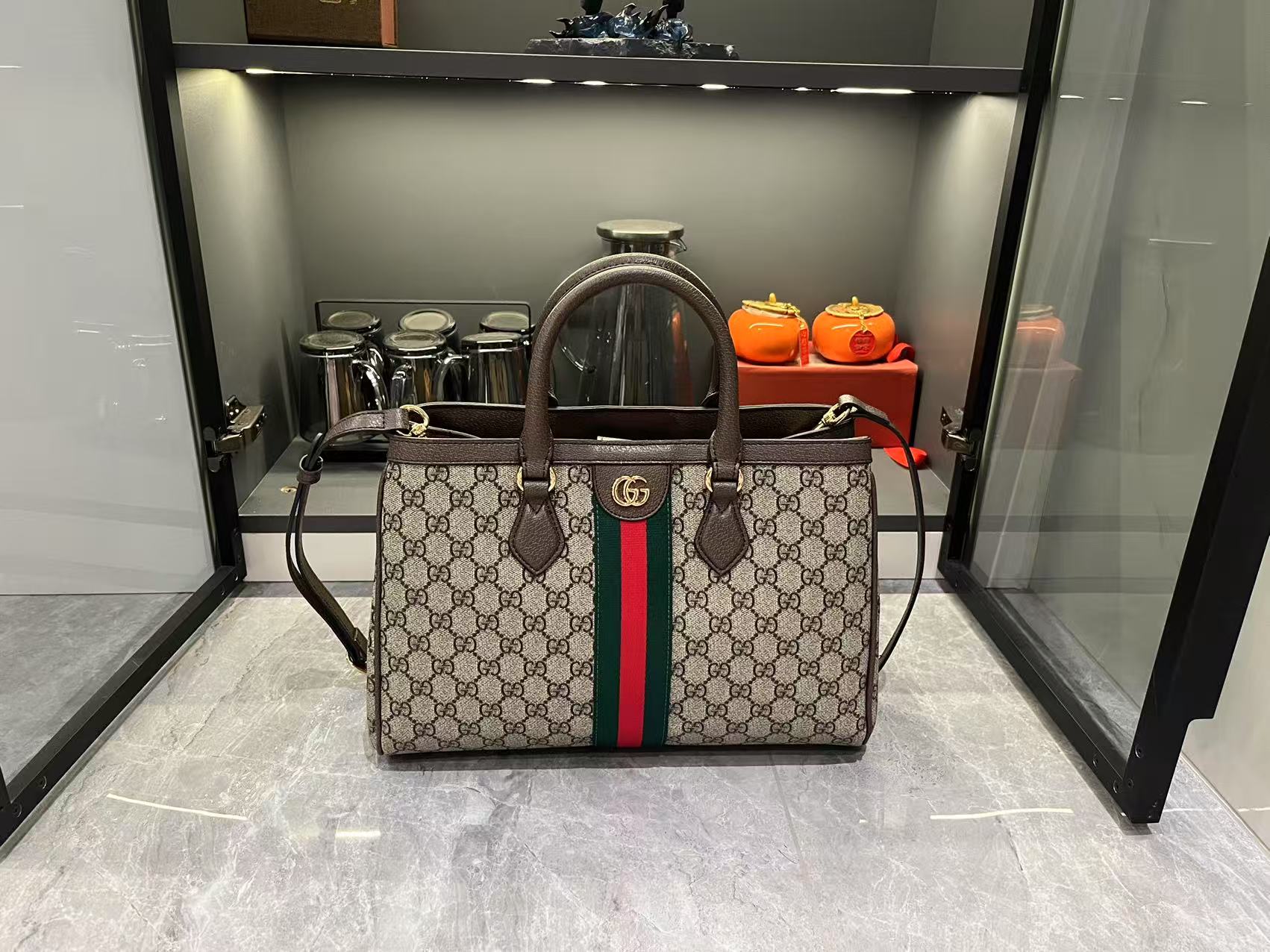 gucci-ophidia-tote-bag-medium-size-gg-monogram-coated-fabric-beige-and-dark-brown thumbnail 2