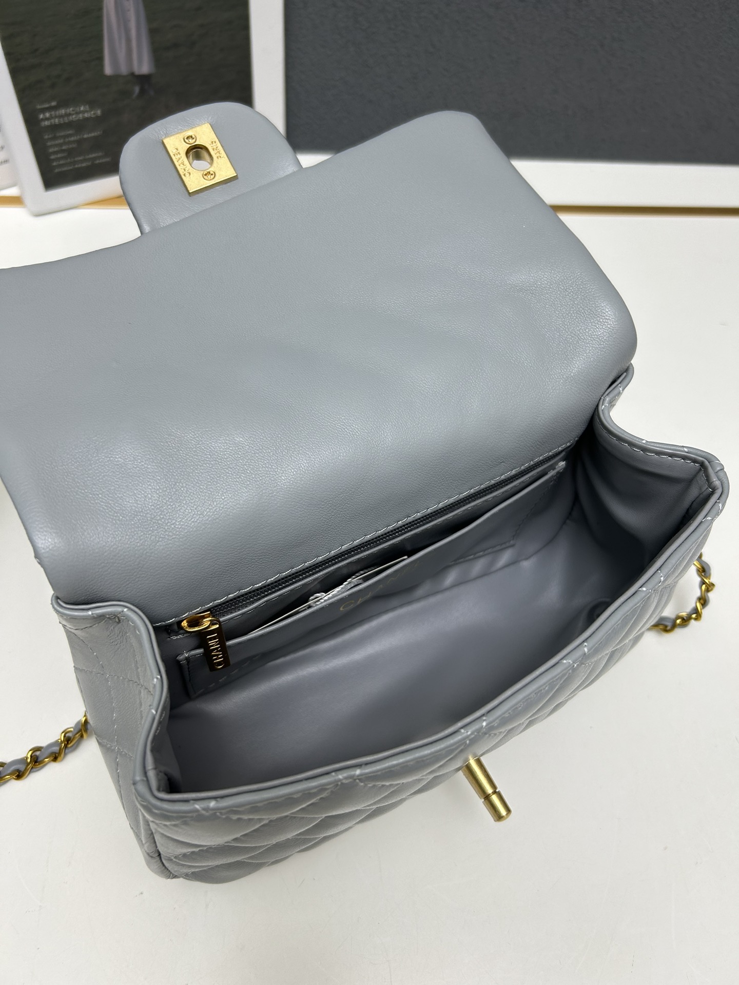 chanel-mini-square-pearl-flap-bag-grey-leather-gold-hardware thumbnail 11