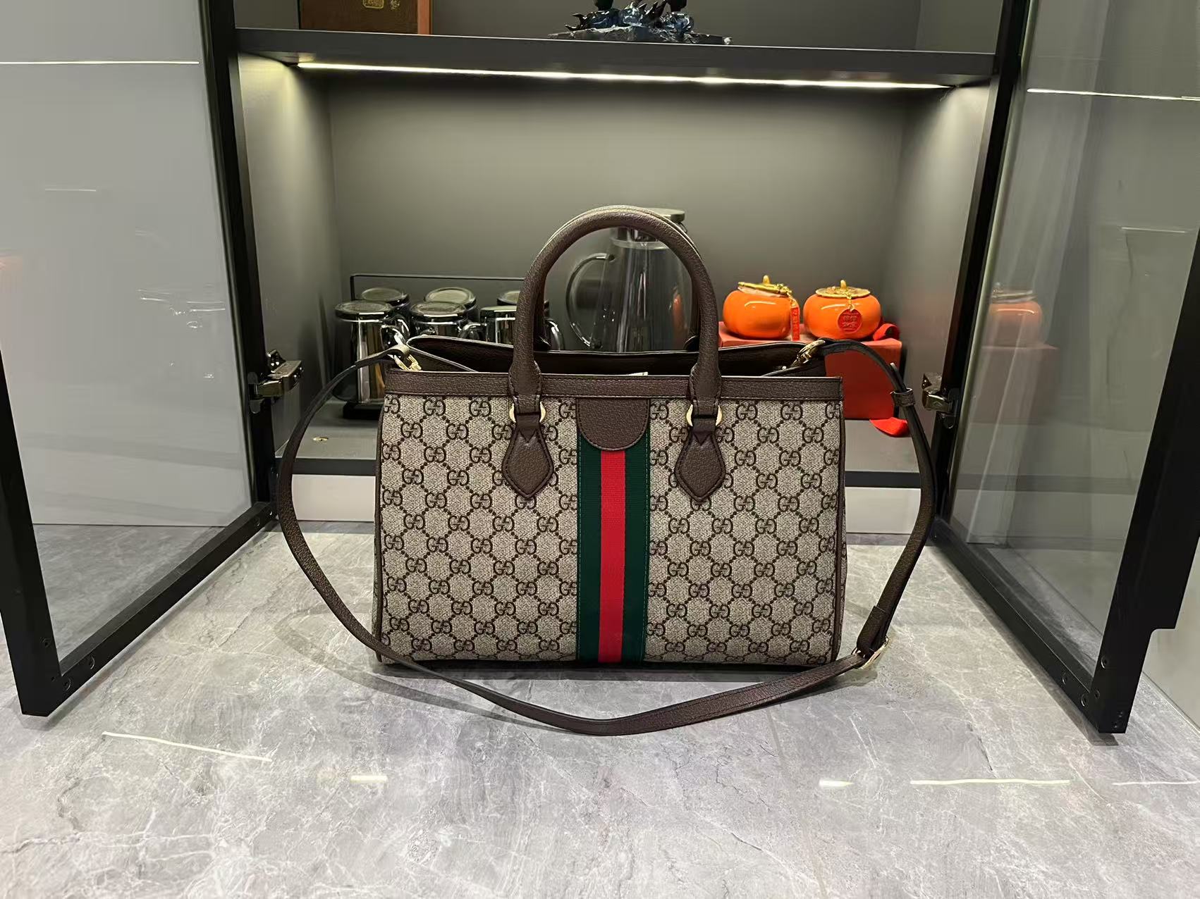 gucci-ophidia-tote-bag-medium-size-gg-monogram-coated-fabric-beige-and-dark-brown thumbnail 4