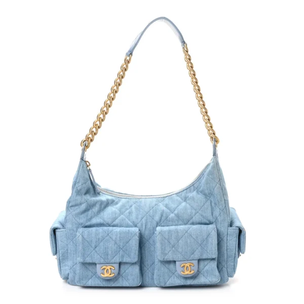 Chanel Hobo Washed Denim And Gold-Tone Metal Blue Bag