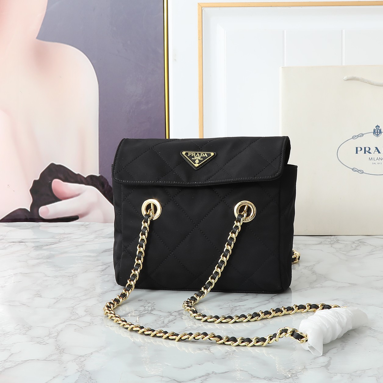 prada-tessuto-impuntu-quilted-flap-shoulder-black-bag-small thumbnail 2