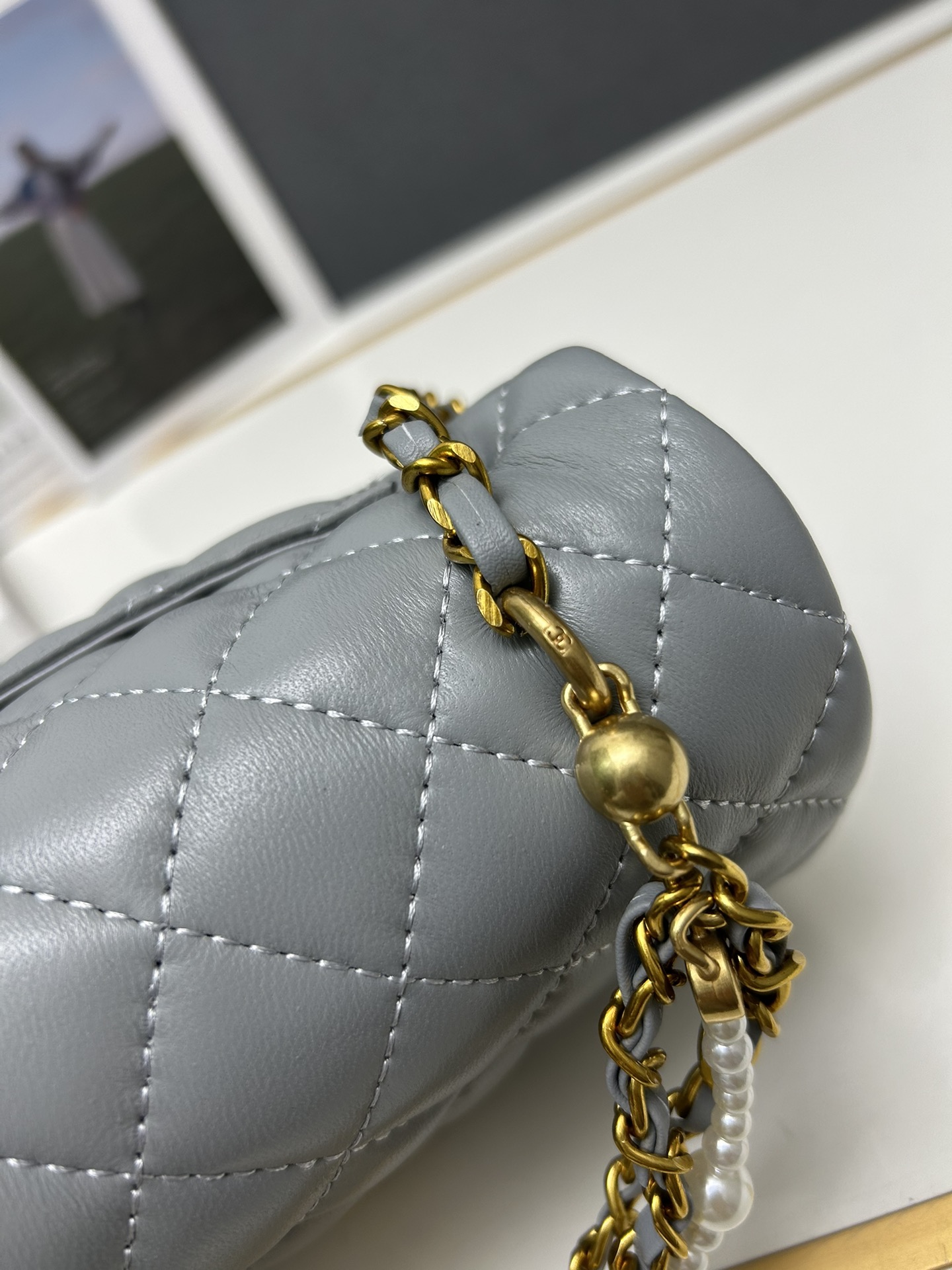 chanel-mini-square-pearl-flap-bag-grey-leather-gold-hardware thumbnail 6