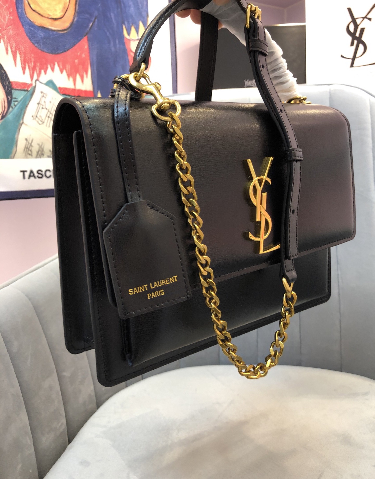 saint-laurent-ysl-sunset-top-handle-medium-black-gold thumbnail 4