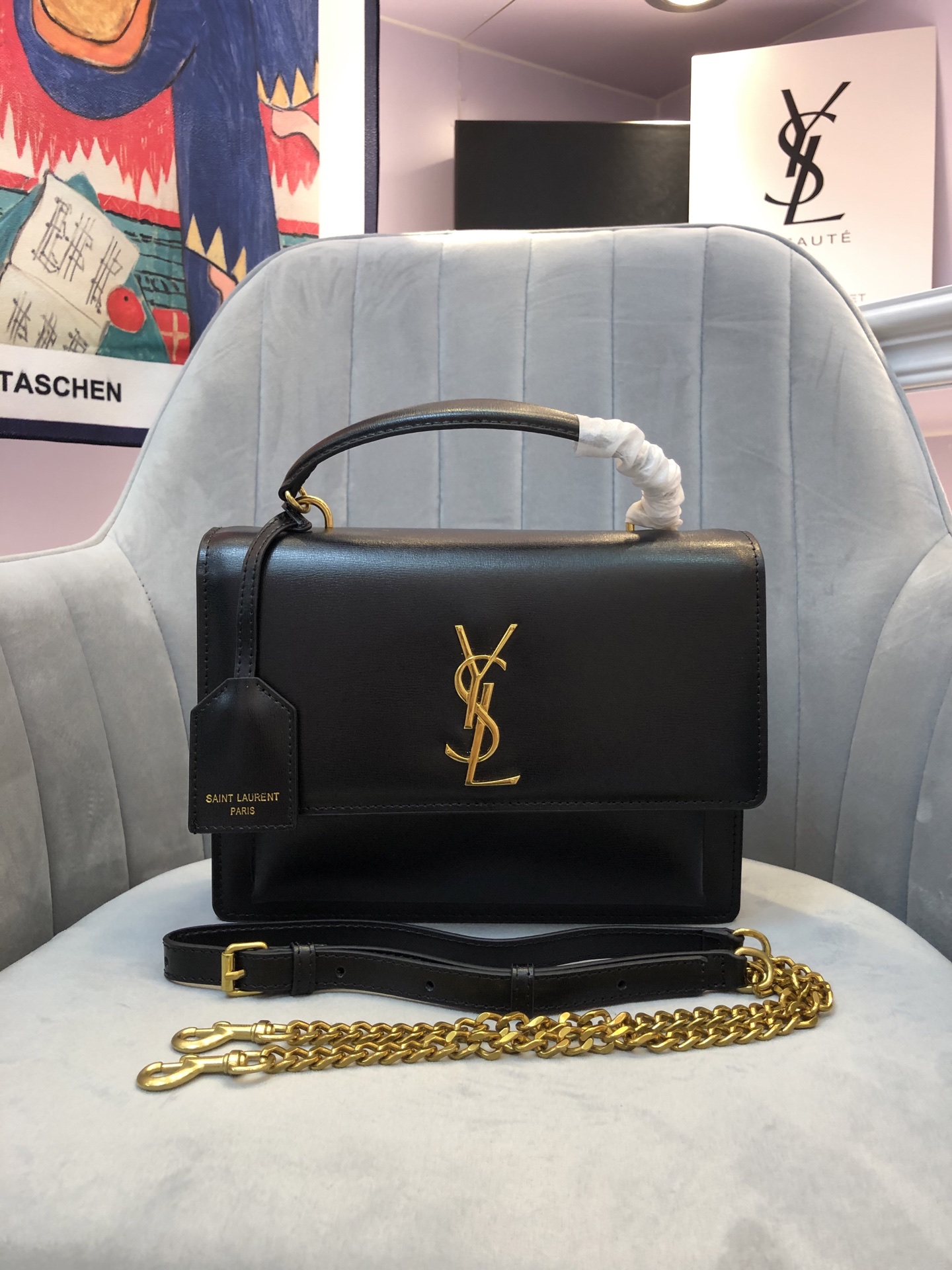 saint-laurent-ysl-sunset-top-handle-medium-black-gold thumbnail 2