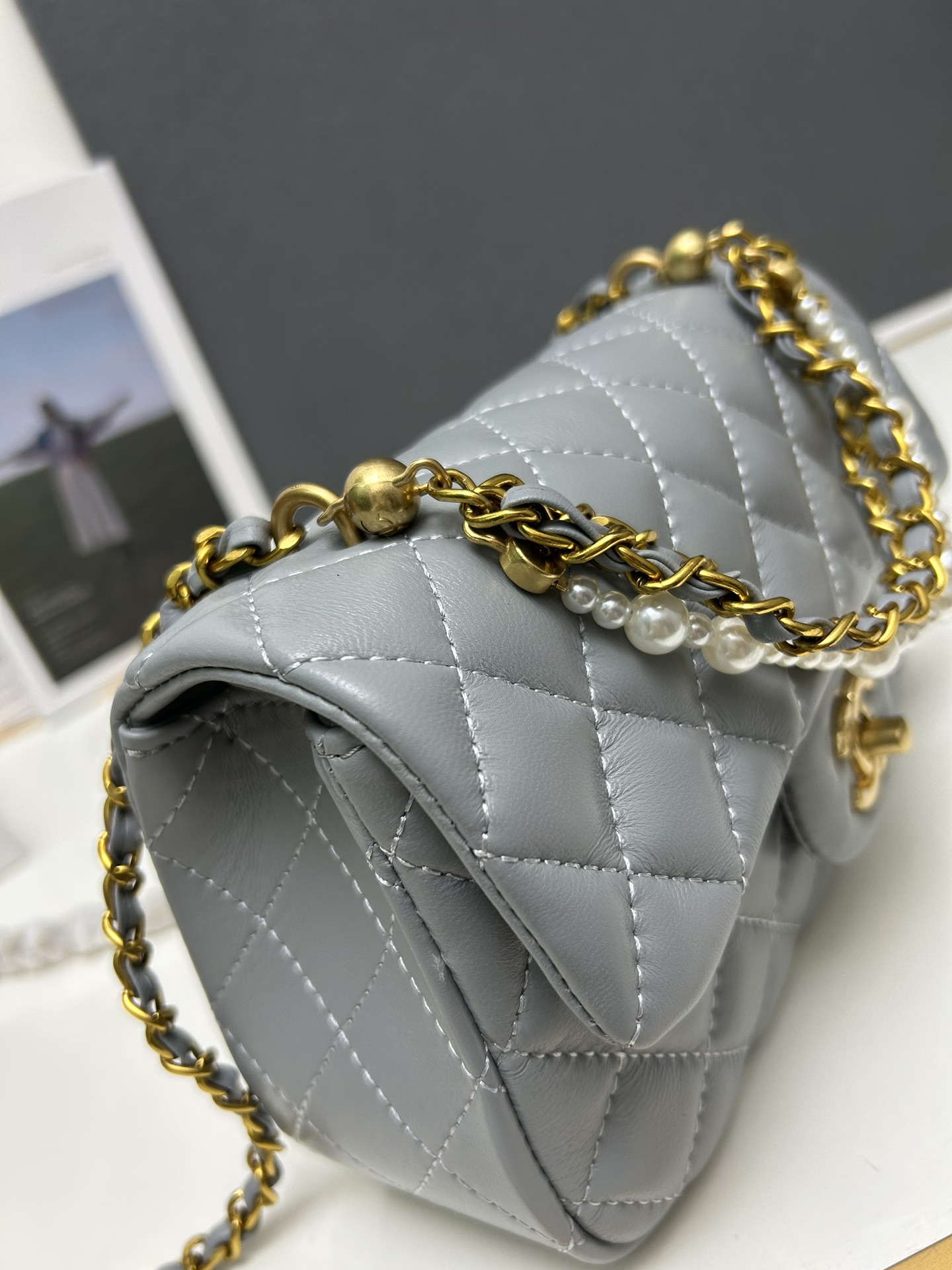 chanel-mini-square-pearl-flap-bag-grey-leather-gold-hardware thumbnail 9