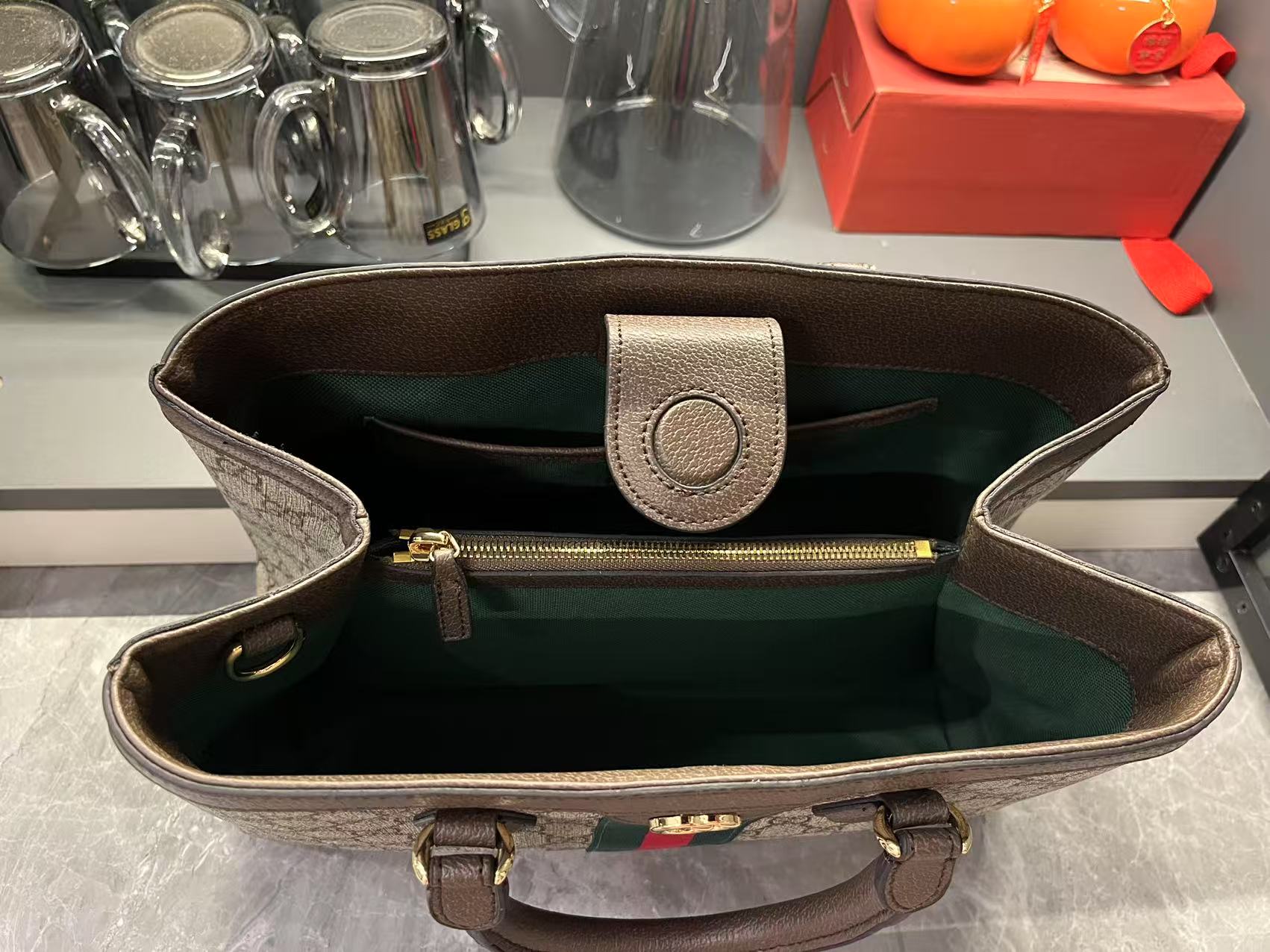 gucci-ophidia-tote-bag-medium-size-gg-monogram-coated-fabric-beige-and-dark-brown thumbnail 9