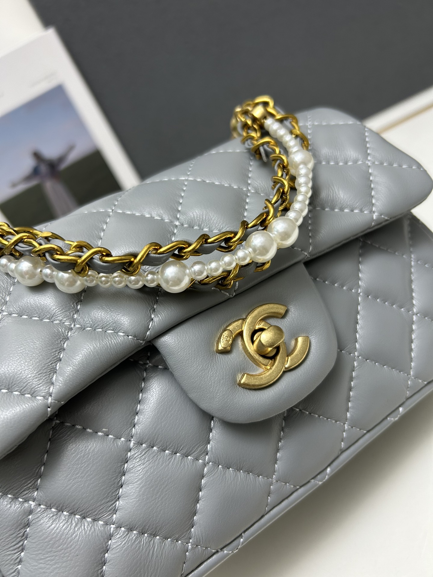 chanel-mini-square-pearl-flap-bag-grey-leather-gold-hardware thumbnail 8