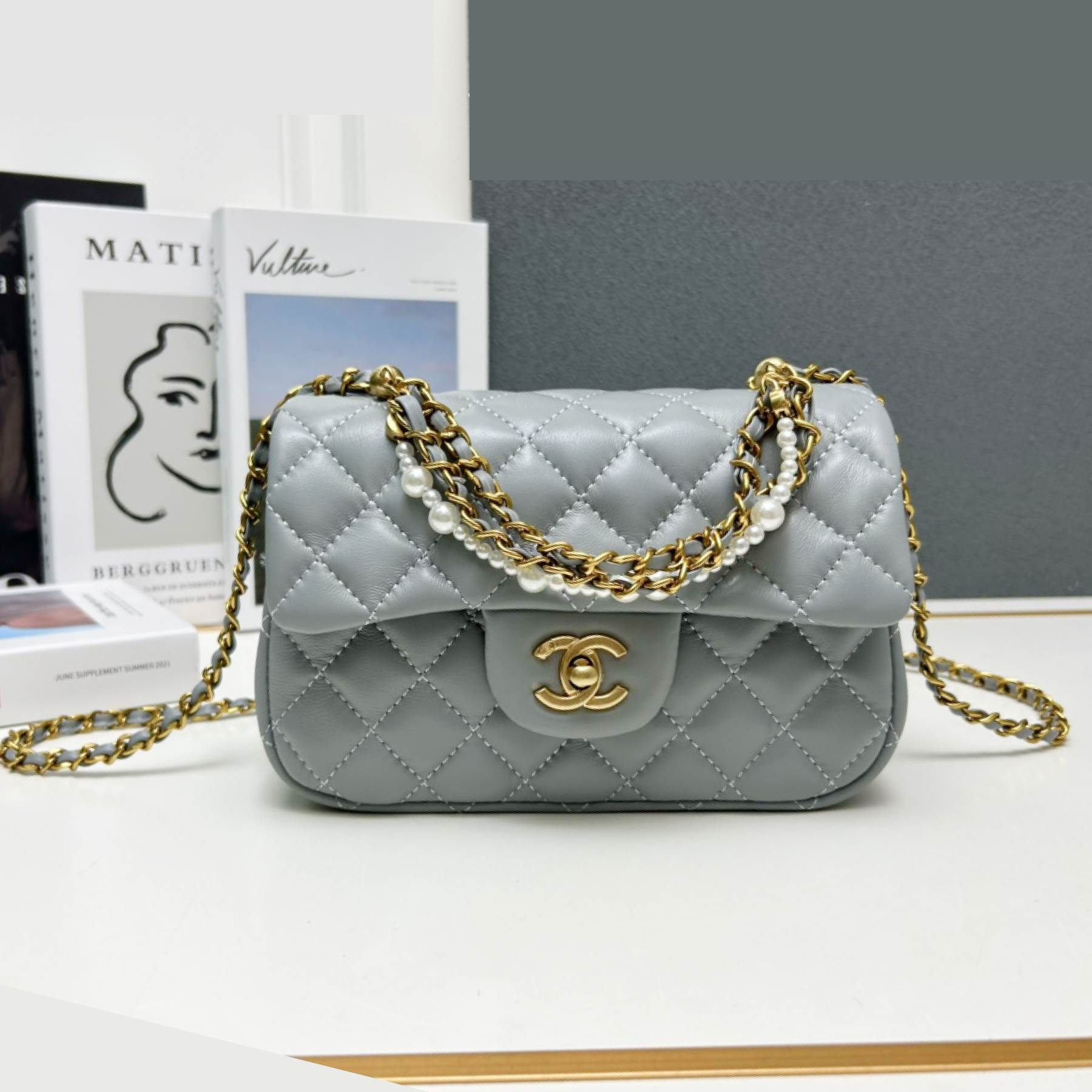 chanel-mini-square-pearl-flap-bag-grey-leather-gold-hardware thumbnail 3