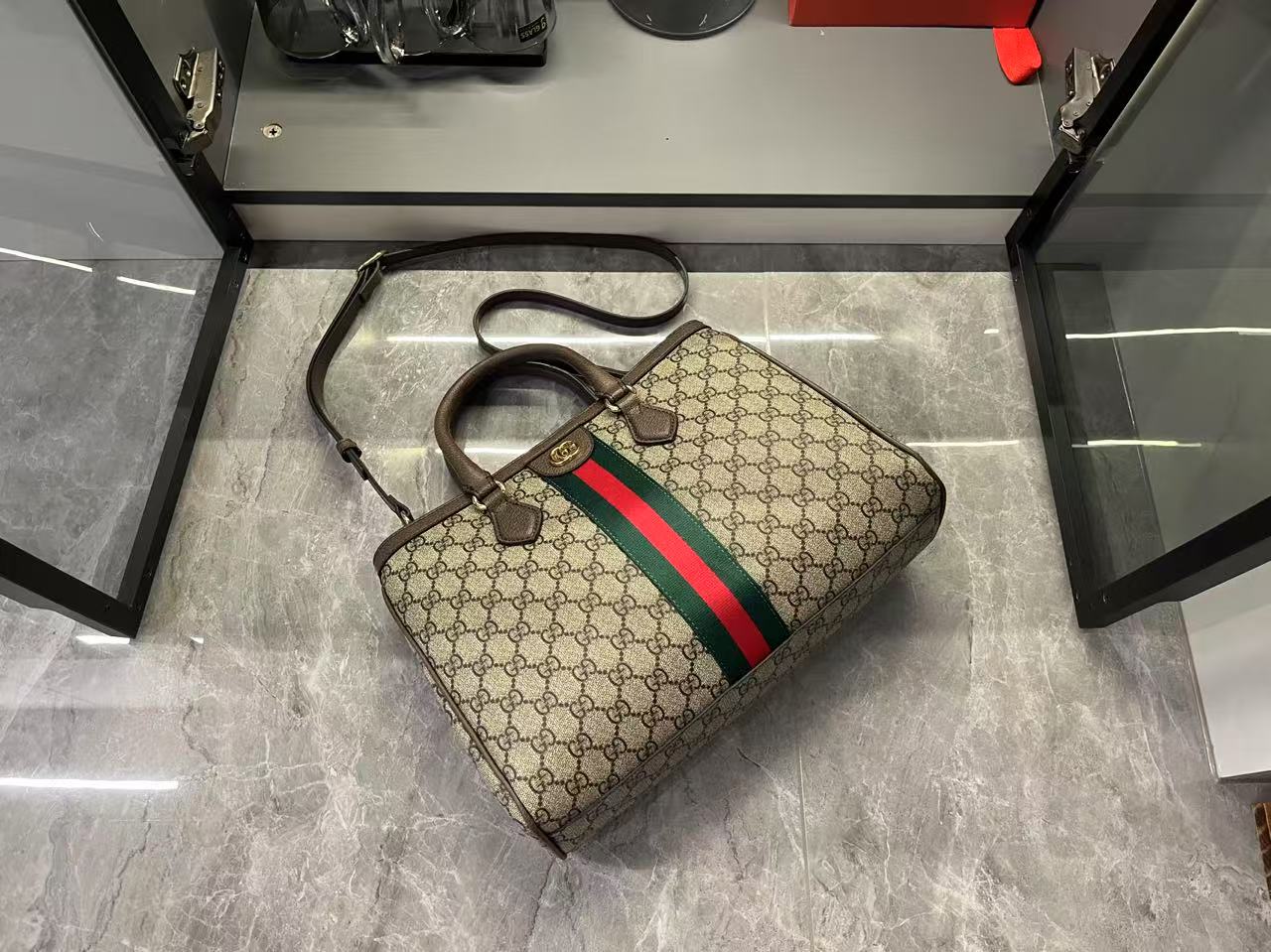 gucci-ophidia-tote-bag-medium-size-gg-monogram-coated-fabric-beige-and-dark-brown thumbnail 6